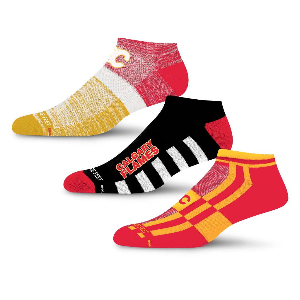 For Bare Feet NHL CALGARY FLAMES Stripe Stack 3 Pack Ankle Sock, Team Colors - size Large