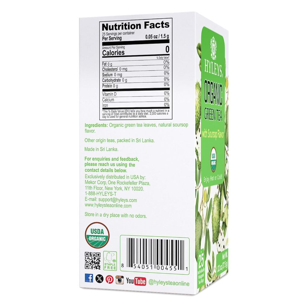 Hyley's Organic Green Tea Soursop Flavor - 25 Tea Bags (12 Pack)