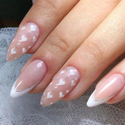 White Heart Press on Nails, French Tip, Nude, Manicure Art