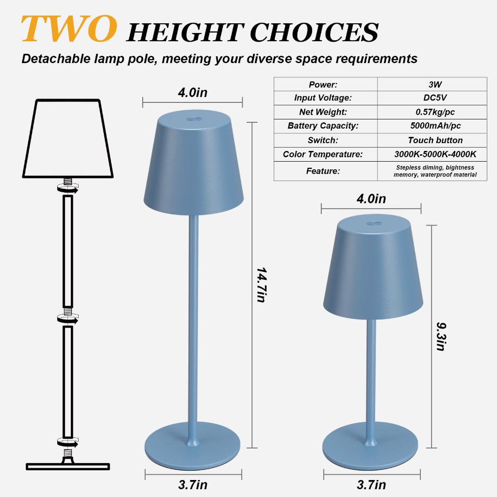 Kakanuo Cordless Table Lamp Rechargeable Blue - KK 2 Pack 5000mAH Battery Operated Lamp