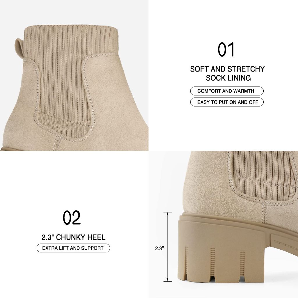 JABASIC Womens Chunky Ankle Boots Slip on Chelsea Boots Elastic Booties (9,Sand)