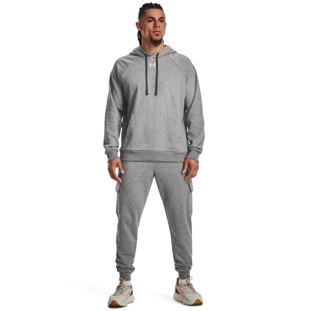 Under Armour Men's Rival Fleece Hoodie, Castlerock Light Heather/ White, Large