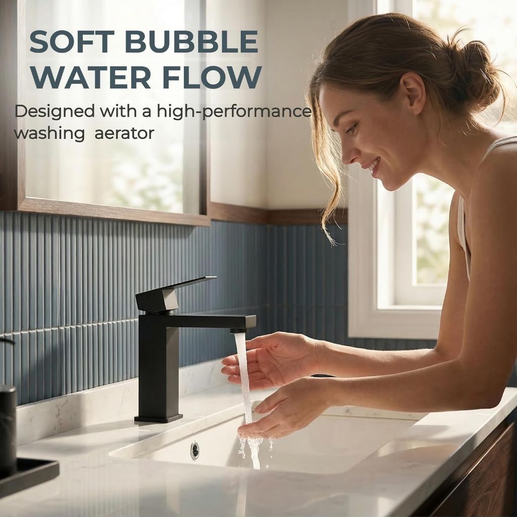 Matte Black Bathroom Faucet, Modern Single Handle Square with Pop Up Drain Assembly, Stainless Steel BF011B
