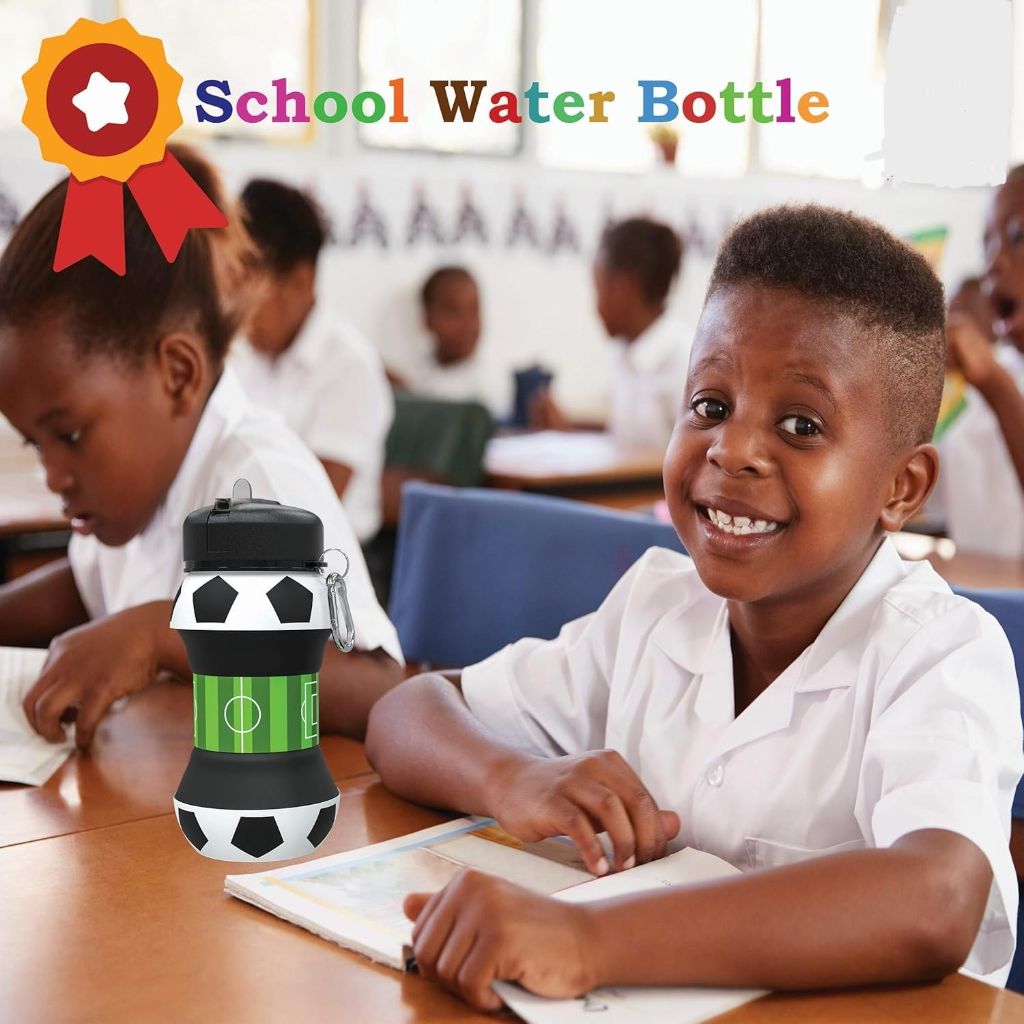 Kids Sports Water Bottle Collapsible Ball Shaped Drinking Cup Leak Proof (Black, White, Green)