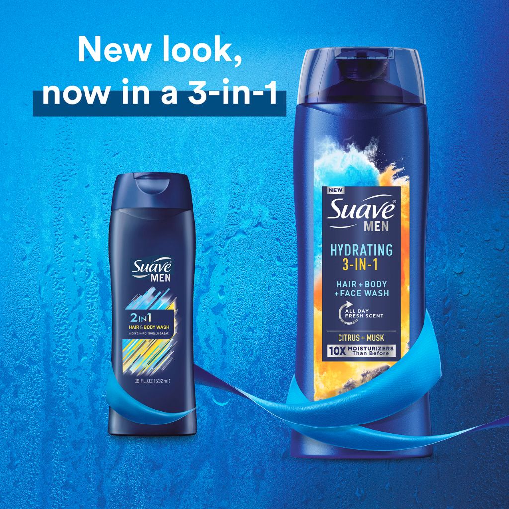 Suave Men 3 in 1 Hair, Body and Face Wash - Citrus & Musk Scent 18 fl oz