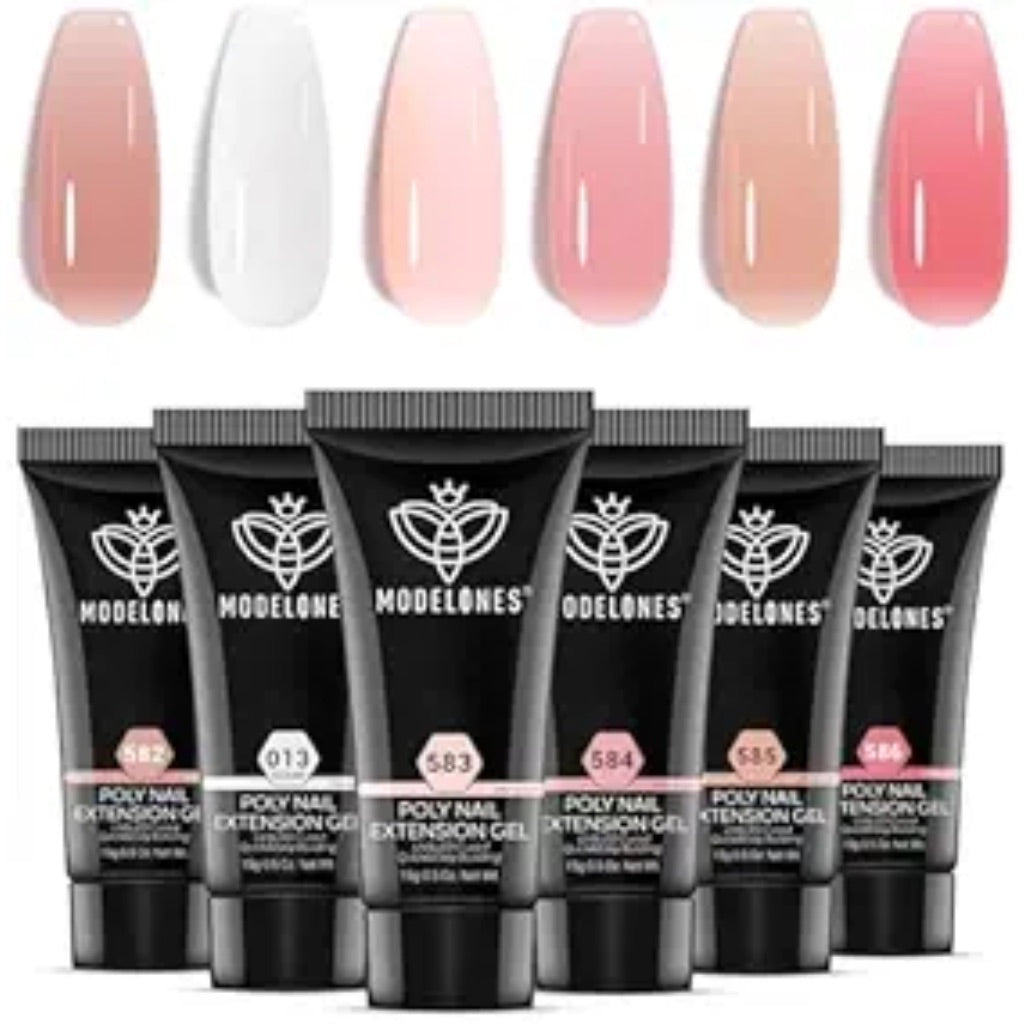 Modelones Poly Nail Gel Set, 6 Colors Jelly Nude Pink Poly Extension Gel Transparent Nail Enhancement Set Sheer Builder DIY Manicure Design Spring Summer Home Salon