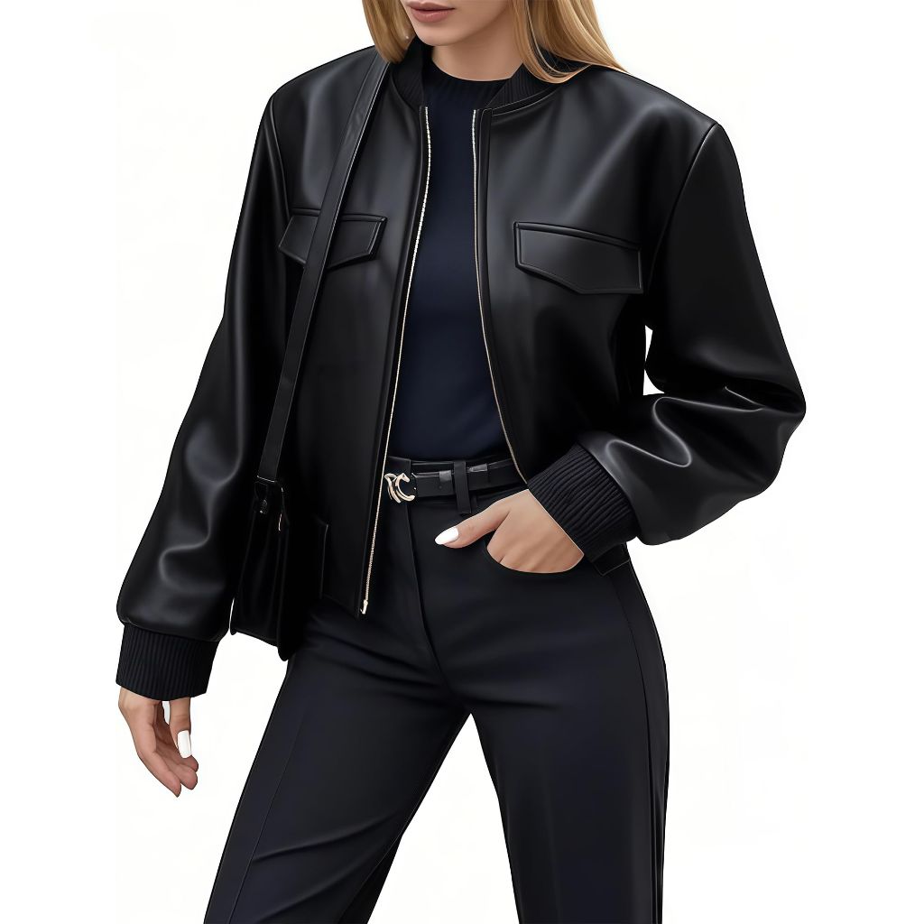 Ommiivex Black Women Leather Jacket Faux Cropped Bomber Coat 2025 Fall Winter 2026 Spring Outfit Fashion 2025 lady Clothes Fake Suede Sherpa Motorcycle Biker Moto Racer Aviator Lady Short Lightweight
