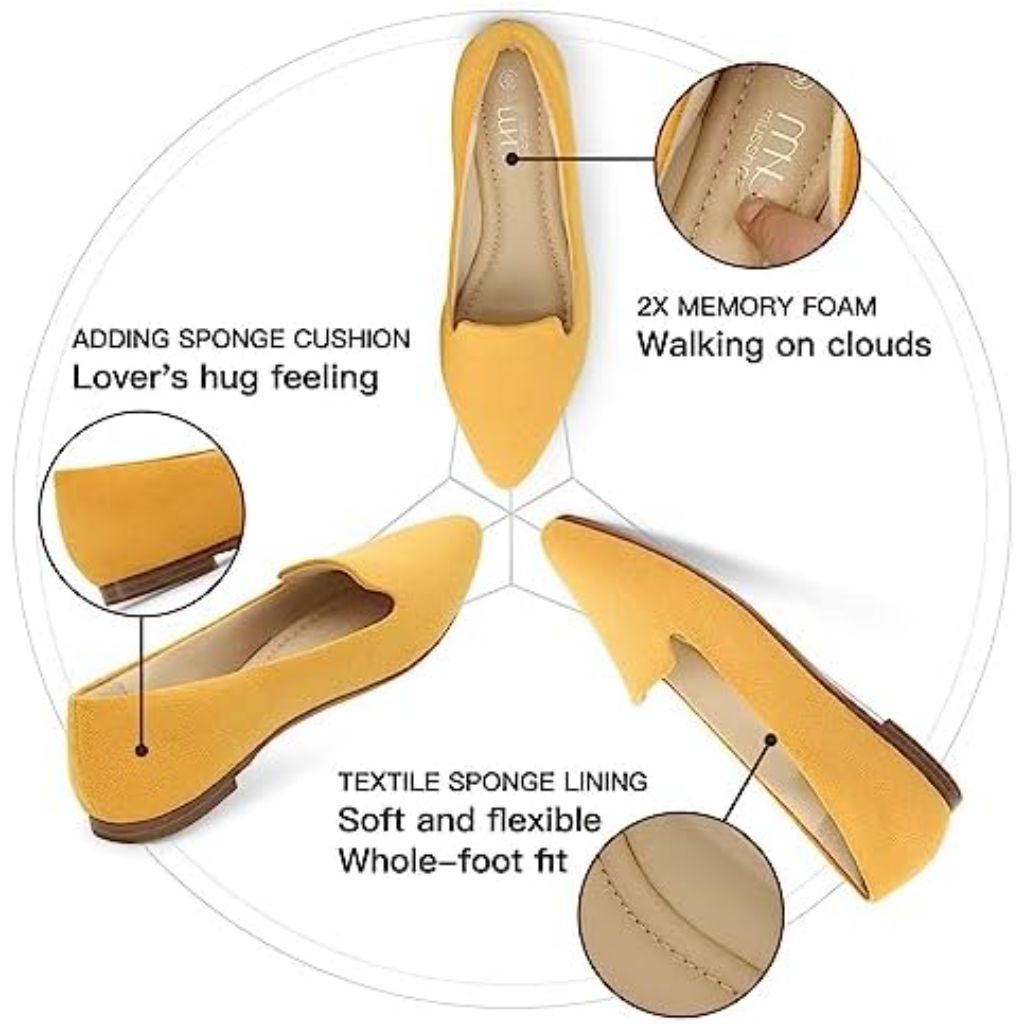 MUSSHOE Women's Pointed Toe Suede Flats - Mustard, Size 10.5