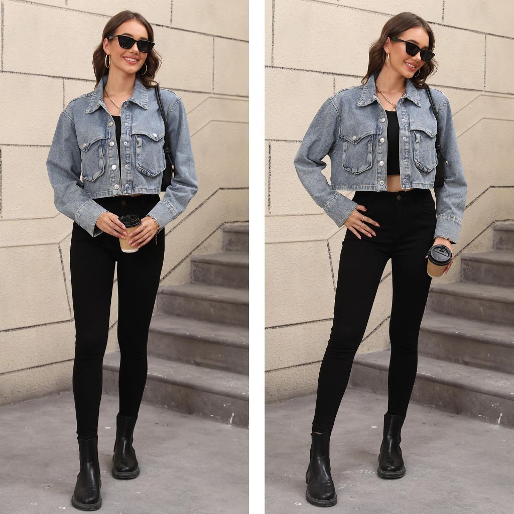 SZ L, YPCT Women's Button Down Cropped Trucker Short Denim Jean Jacket | Blue
