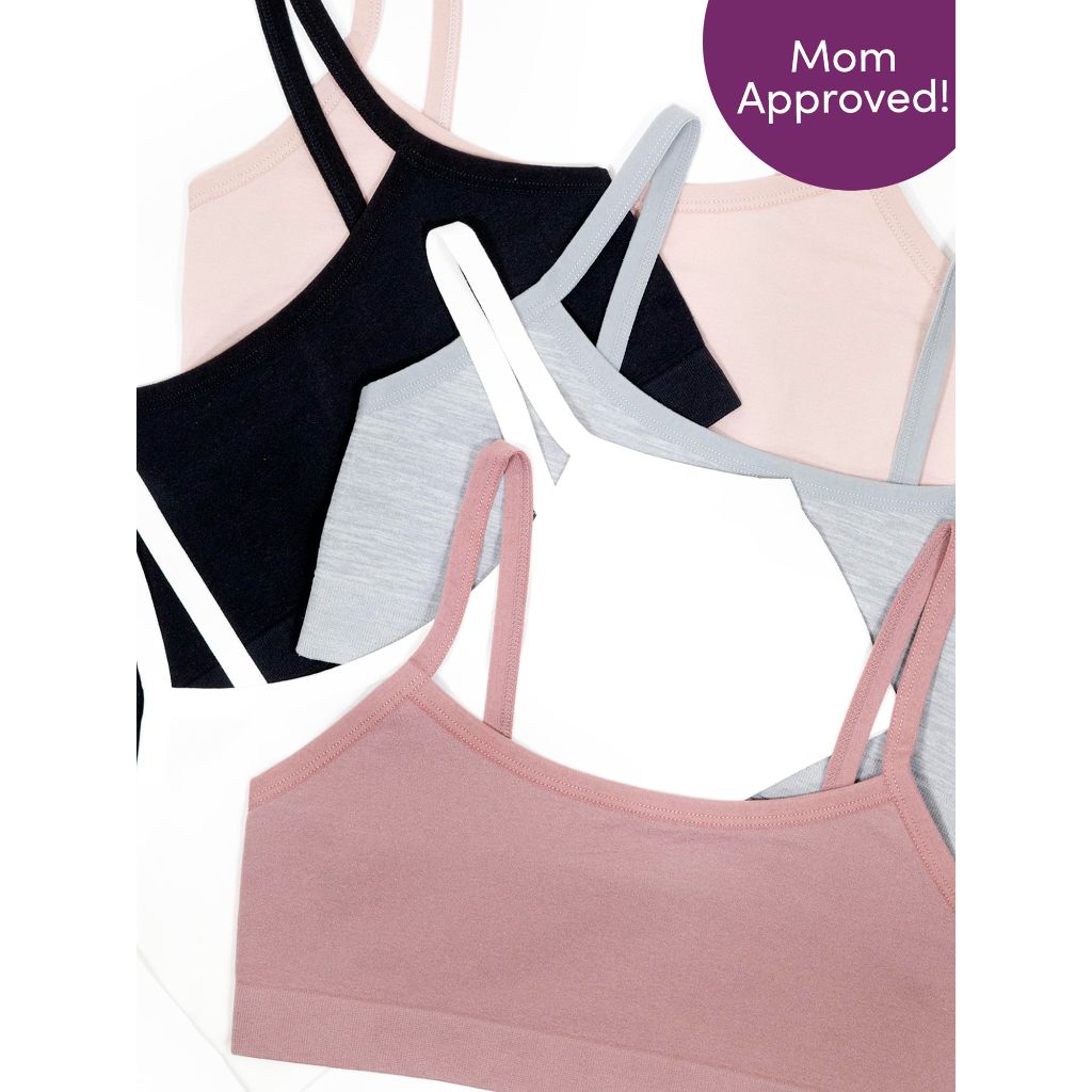 Fruit of The Loom Girls Cotton Training Bras, Bras for Girls 8-10, 10-12 and Bra for Teen Girls 14-16, Big Girl Bra in Fun Colors and Prints Rose Shadow/Premium Plum/White/Grey Heather/Black S