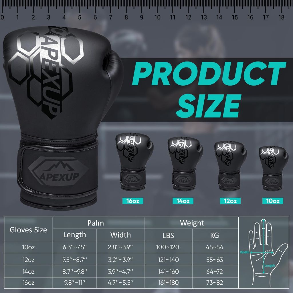 APEXUP Boxing Gloves Men Women, Pro Training Sparring, Heavy Bag Gloves for MMA Kickboxing Muay Thai (Black, 12oz)