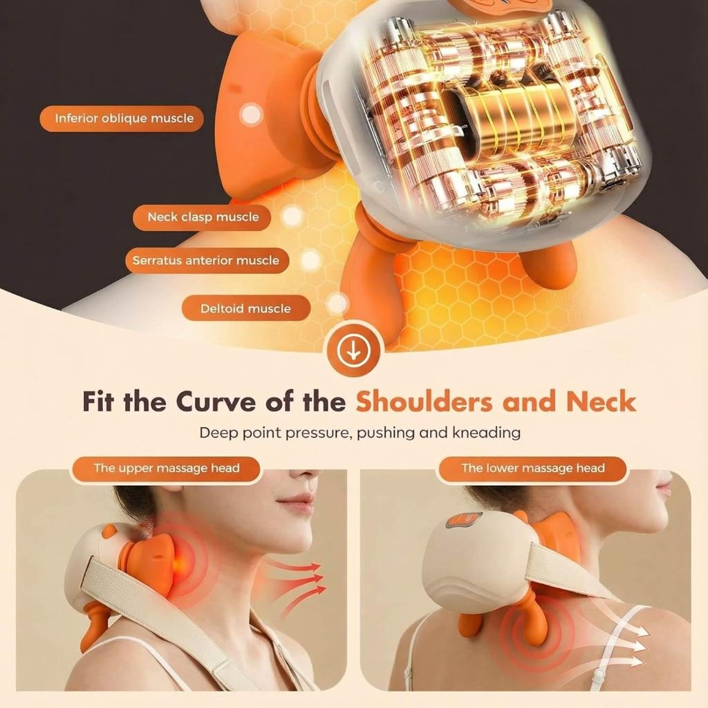 4D Neck and Shoulder Massager, Bionic Heated Massager, Shiatsu Kneading & Hands Traction for Deep Tissue, Portable Wireless Massager for Daily Body Relief, 3 Relax Modes, Gift for Men Women