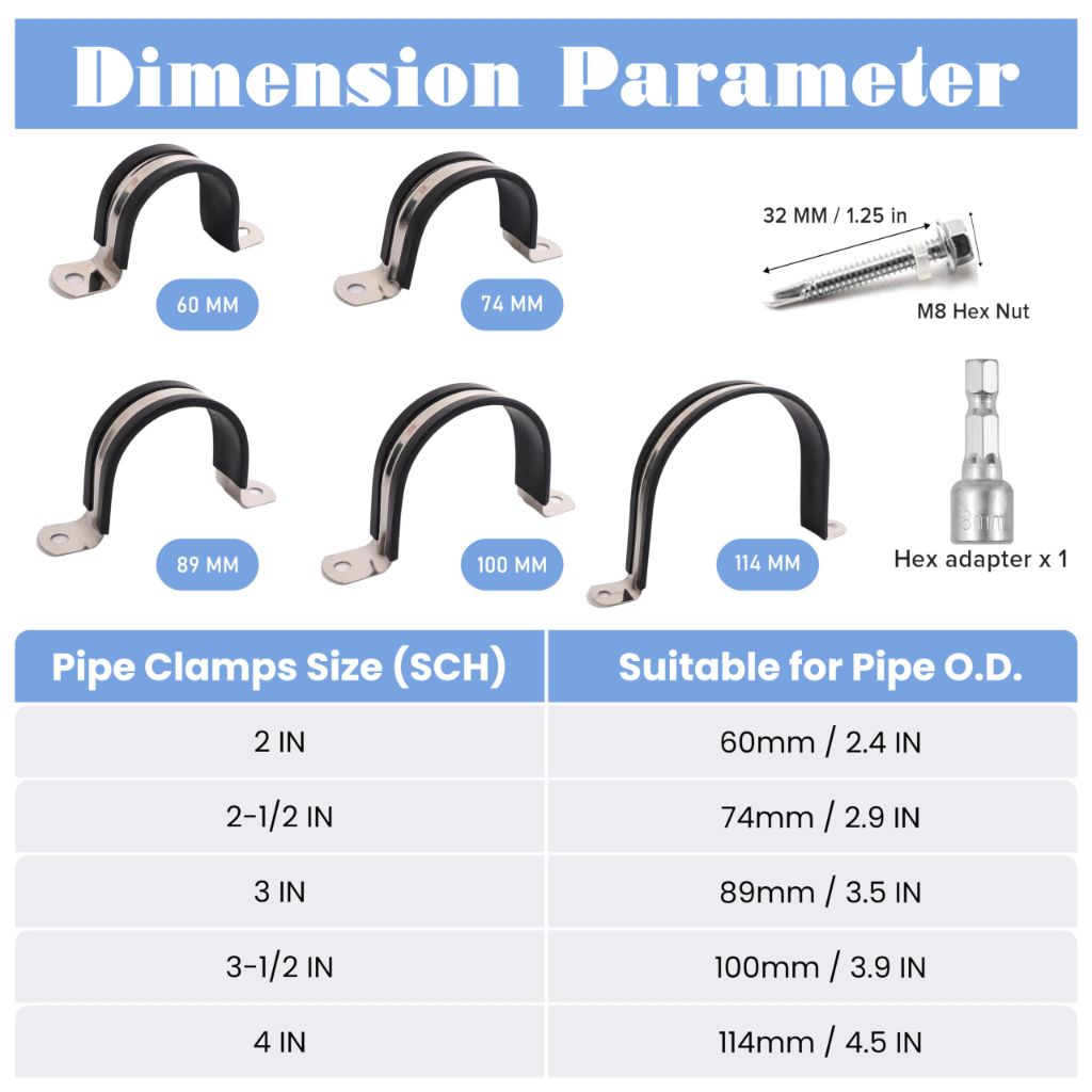 Soimuk Pipe Clamp Set - 304 Stainless Steel & Rubber Cushioned Heavy Duty Conduit Clip (3 Inch / 89mm, 6-Pack)