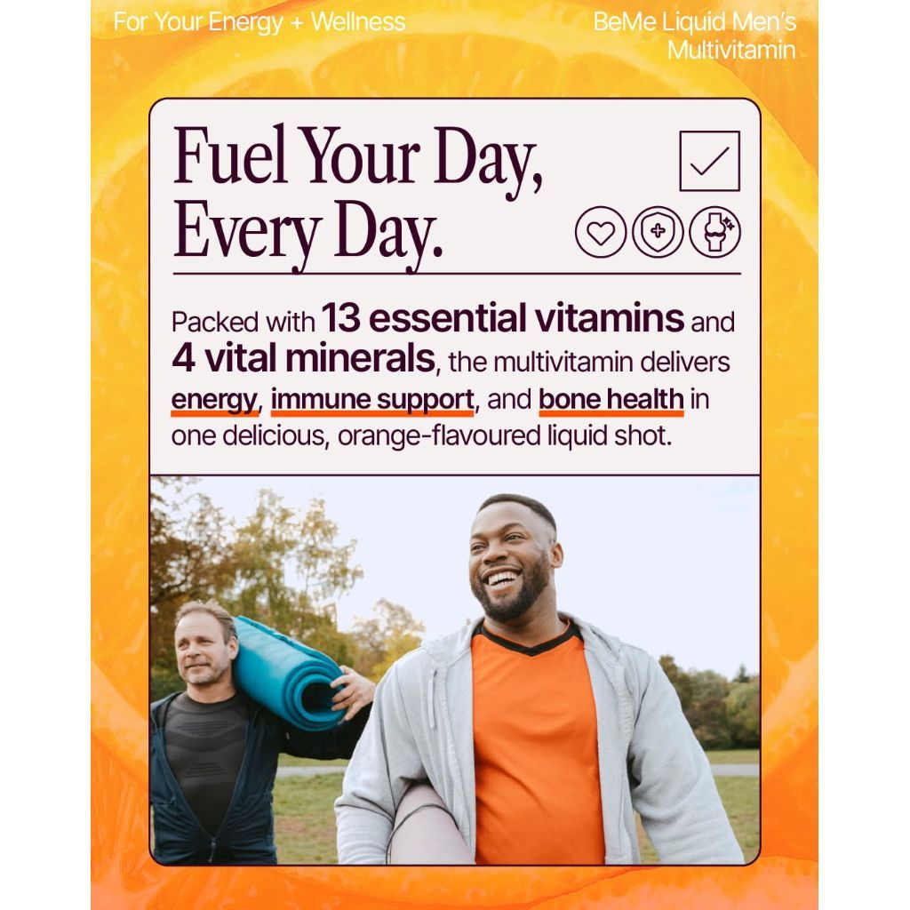 BeMe Liquid Multivitamins for Men - Advanced Liquid Delivery System with 13 Vitamins & Minerals - Tear & Go Sachets, Non-GMO, Orange Flavor (30 Sachets)
