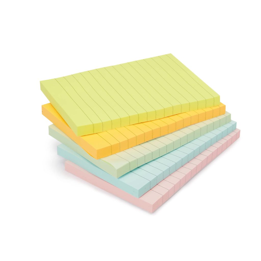 Amazon Basics Lined Sticky Notes, 4x6" Self-Stick Pads, Assorted Colors, 100 Sheets/Pad, Pack of 5