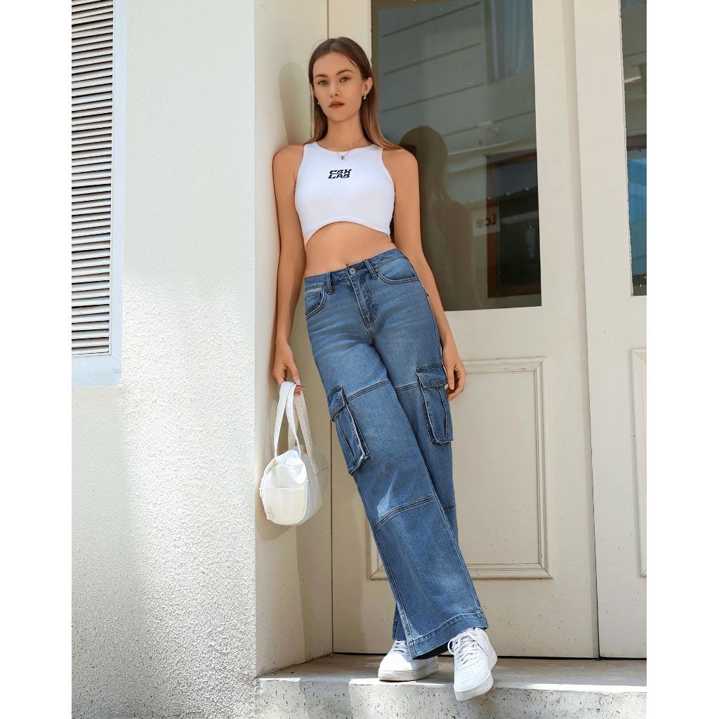 OFLUCK Women's Cargo Jeans High Rise Casual Loose Fit Wide Leg Denim Pants, Medium Blue, S-10