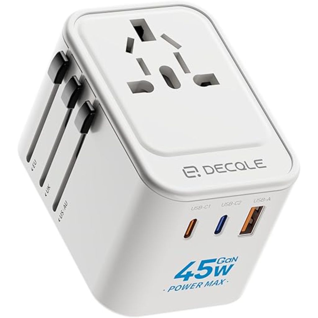 Universal Travel Adapter, International Travel Plug Adapter with 2 USB-C(GaN 45W) ＆ 1 USB-A Ports, All in One Portable Adaptor, for USA, UK, EU, AU ＆ 224+ Countries (White) US