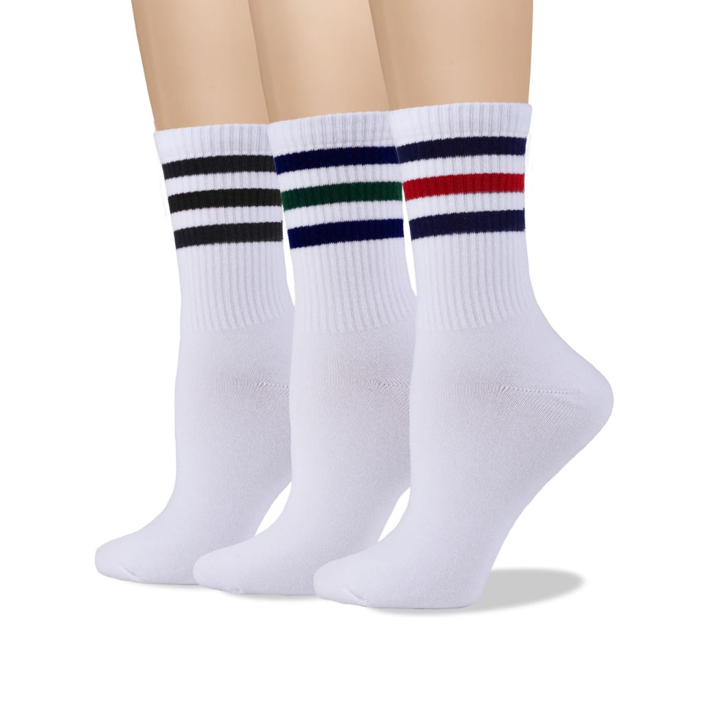 COTTON DAY Womens Soft Combed Cotton White Crew Socks Striped Top BBH Shoe Size 6-9