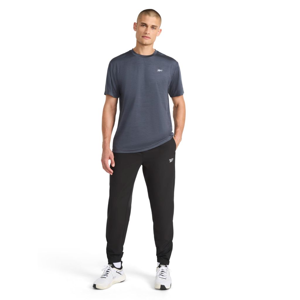 SZ L30",  Reebok Men’s Repeat Woven Pant, Standard Fit, Lightweight Stretch Poly-Blend Fabric | Black
