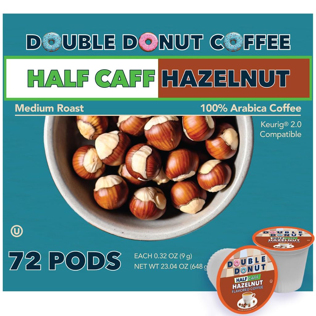Double Donut Coffee Half Caff Hazelnut Flavored Coffee Pods, Medium Roast Coffee Compatible with Keurig K Cups Brewers 72 ct