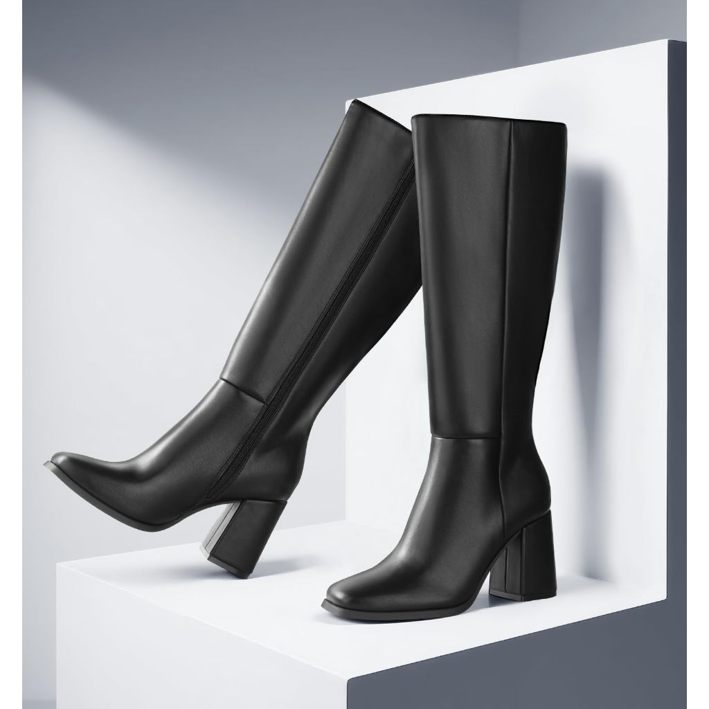 Ankis Knee High Boots for Women Squared Toe Chunky High Heel with Side Zipper Long Boots