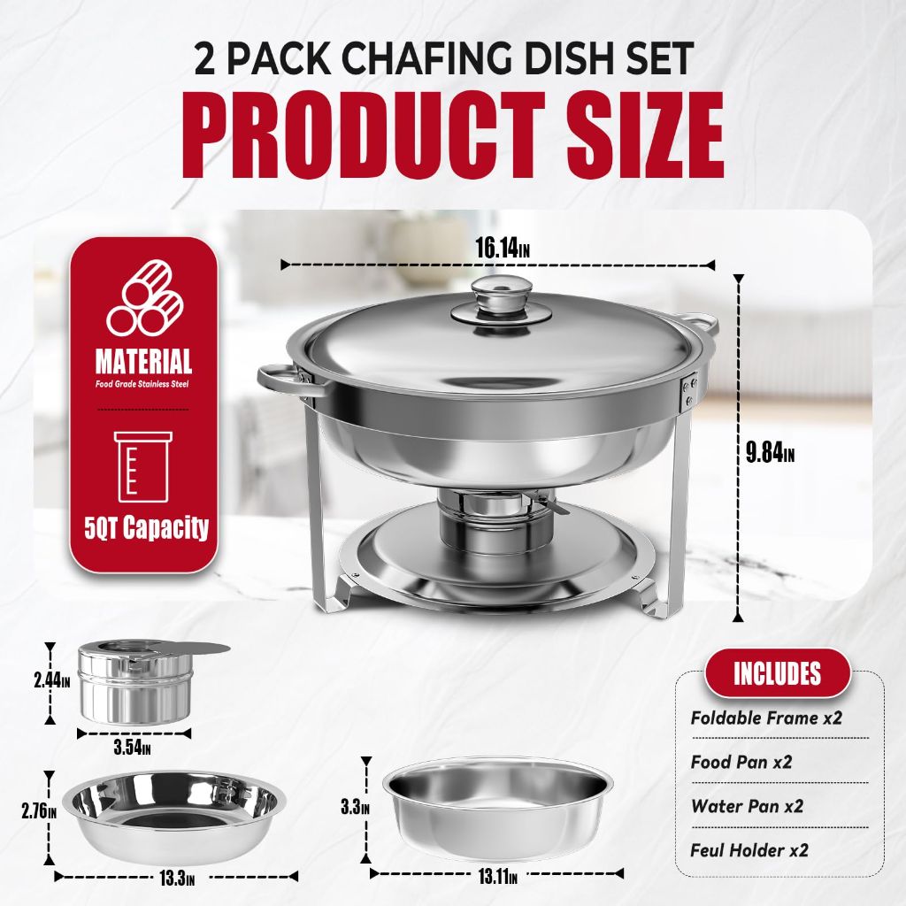 IMACONE 5Qt. Round Stainless Steel Chafing Dish Buffet Set of 2