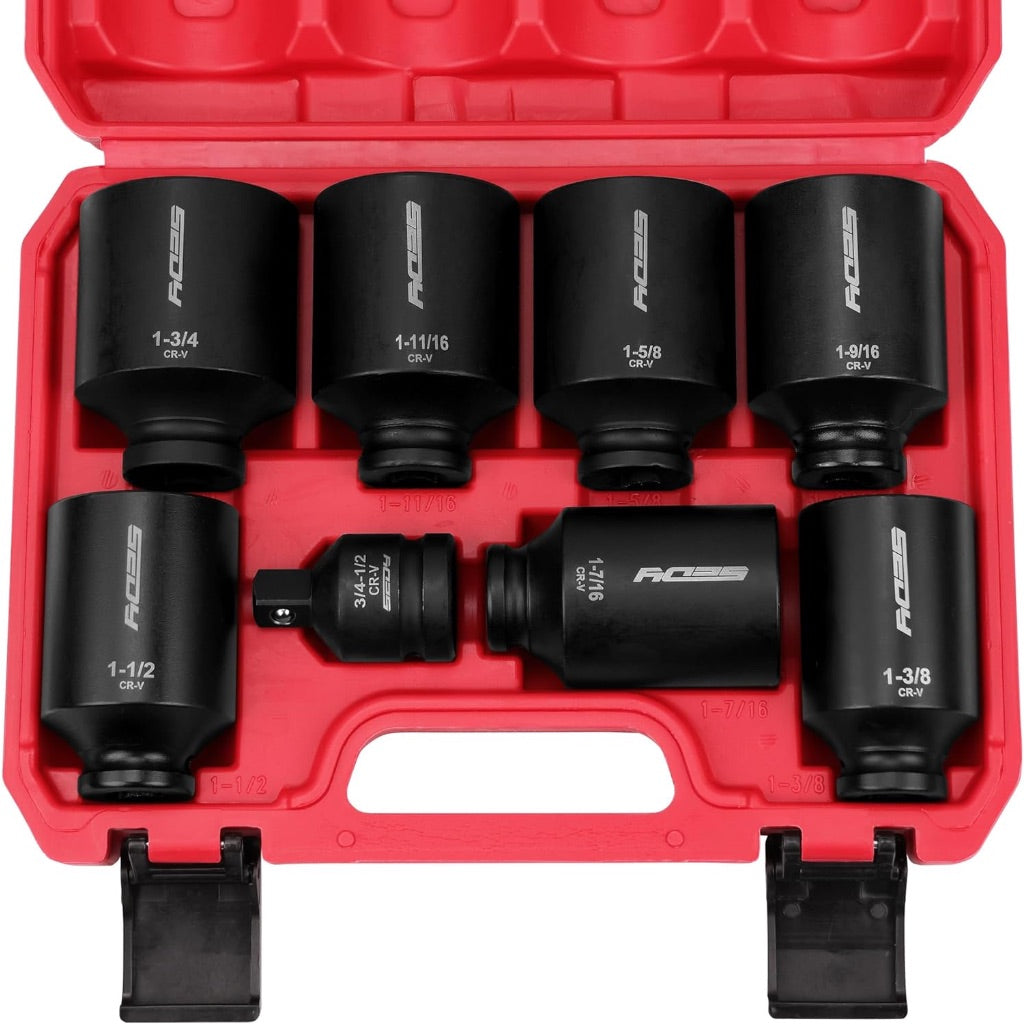 SAE Deep Impact Socket Set 8-Piece 1/2-inch Drive Wheel Axle Nut Wrench Large Sockets Standard Adapter 1-11/16 1-9/16 1-3/8 1-7/16 1-1/2 1-5/8 1-3/4 Imperial Spindle Joint Torque Bearing Locknut Truck