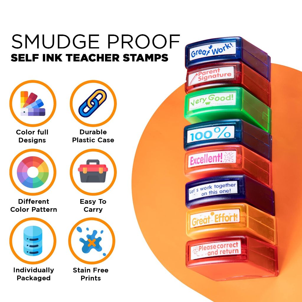 Teacher Stamps for Classroom Grading – 8PCS Self-Inking Rectangular Teacher Stamp Colorful Stamps for Teachers with Motivational Messages Perfect Classroom Supplies & Gifts for Homeschool