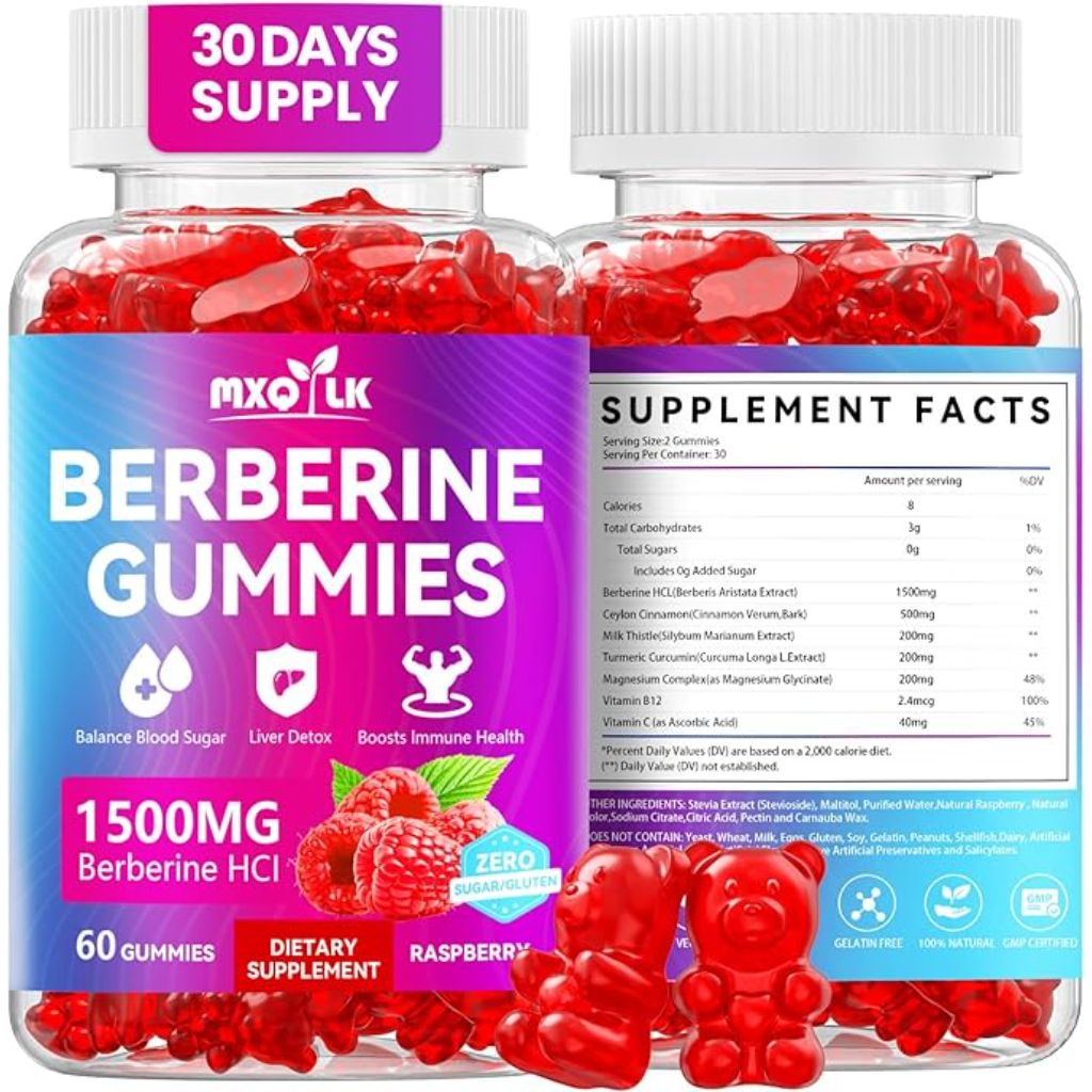 Berberine Gummies 1500mg – High Potency Berberine Supplement with Ceylon Cinnamon and Milk Thistle – Supports Glucose Metabolism & Natural Liver Function – Vegan, Sugar-Free, Non-GMO – 60 Count