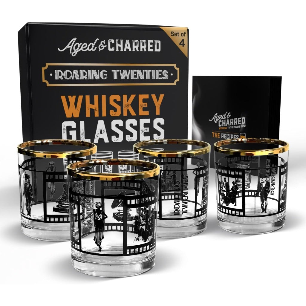 Aged & Charred Roaring 20s Whiskey Glass Set – Premium Crystalline Glassware, Set of 4