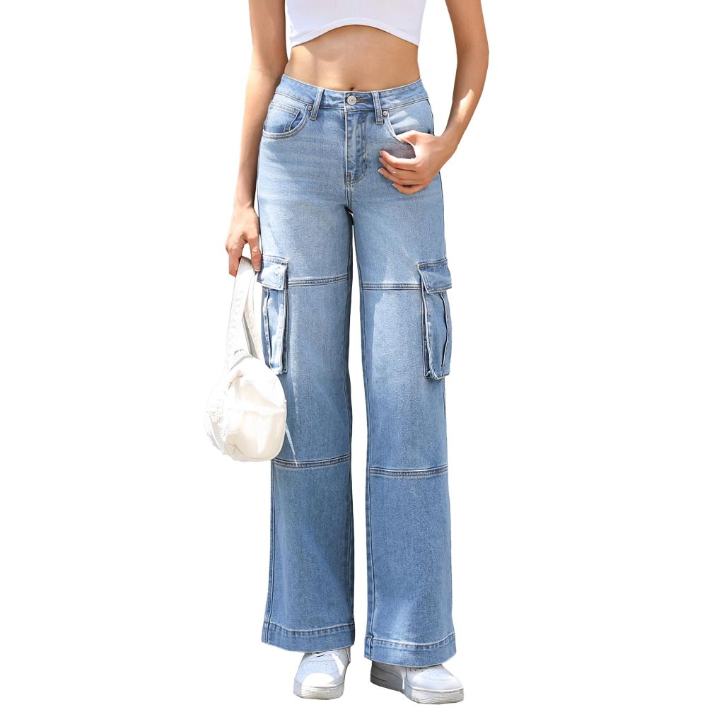 OFLUCK Women's Cargo Jeans High Rise Casual Loose Fit Wide Leg Denim Pants, Light Blue, 10 Small