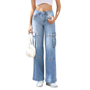 OFLUCK Women's Cargo Jeans High Rise Casual Loose Fit Wide Leg Denim Pants, Light Blue, 10 Small
