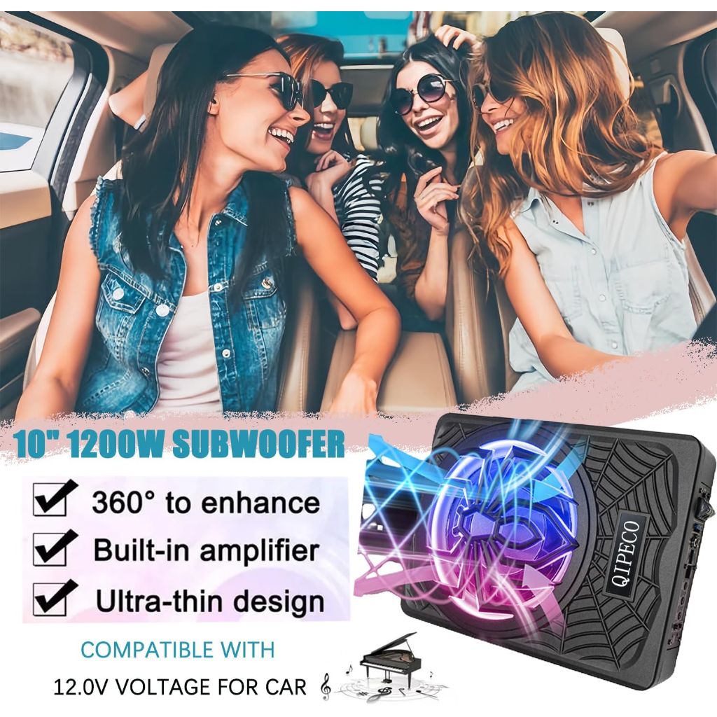 10" 1200W Slim Underseat Powered Car Subwoofer and Amp Package with RGB Beat-Synced Light, Built in Amp Individual Control for Low Pass/Gain/Boost Bass for Truck/SUV/Jeep/MPV