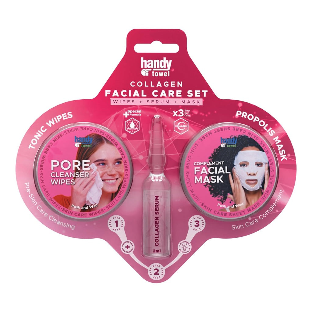 Handy Towel 3-Step Collagen Facial Care Set, Skin Renewal Collagen Face Kit, Collagen with Hyaluronic Acid, Nourishing Glow Capsule Skin Care Solution, 3 in 1 Purify+Hydrate+Boost Beauty Set