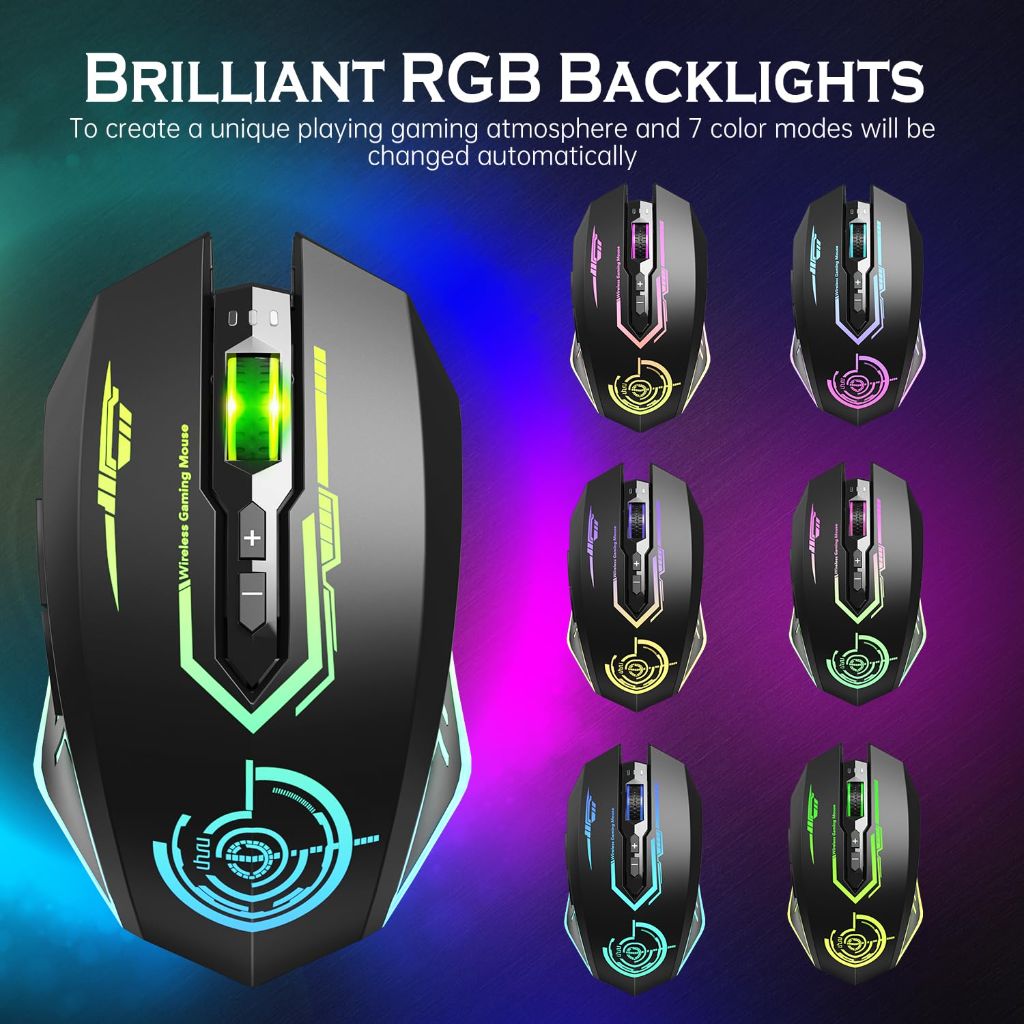 UHURU Wireless Gaming Mouse Up to 12000 DPI, Rechargeable USB-7 Buttons 7 Dynamic LED Color