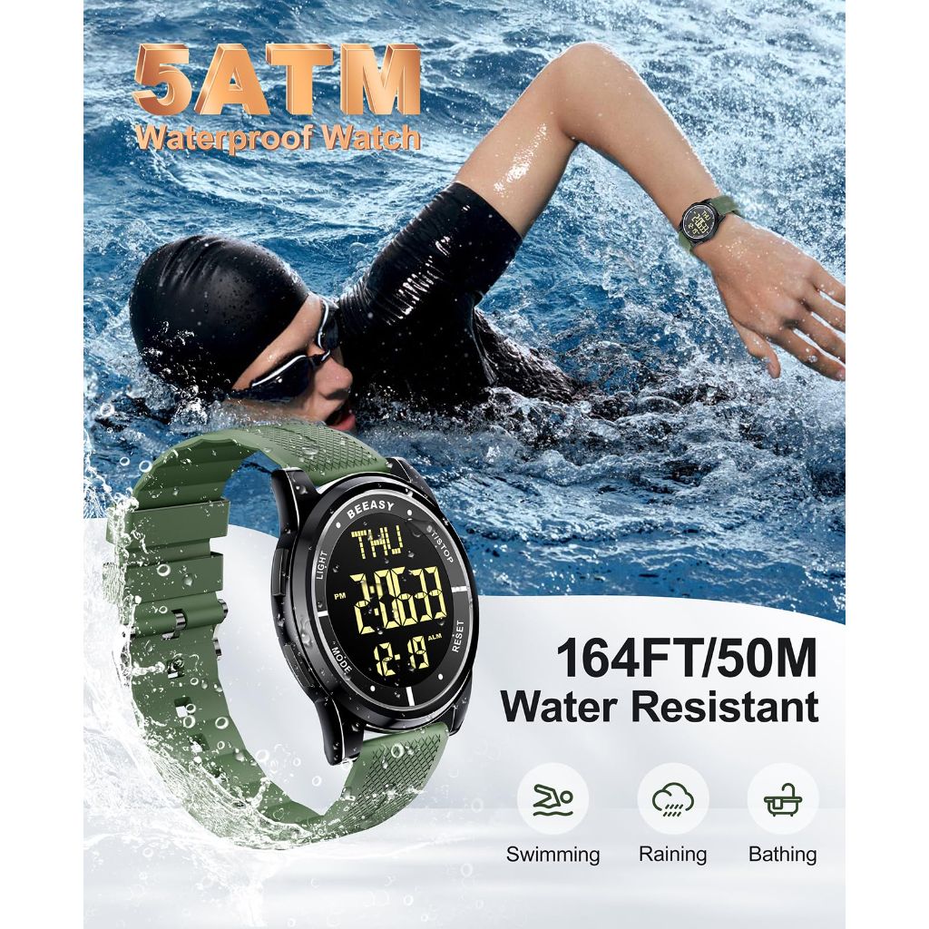Beeasy Mens Metal Digital Watch Waterproof with Stopwatch Alarm Dual Time Countdown, Ultra-Thin Super Wide-Angle Display Digital Wrist Watches for Men Women