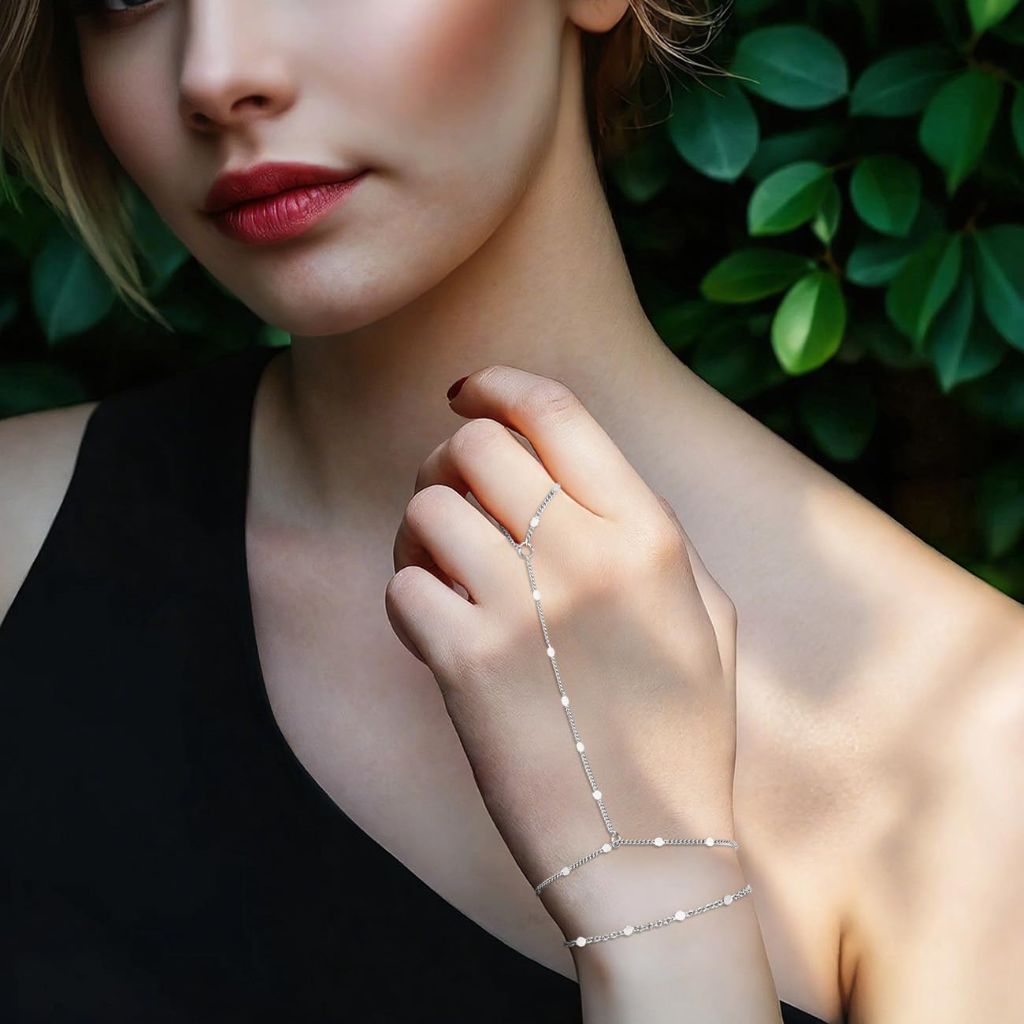Yowivon Silver Ring Hand Chain Bracelet for Women, Dainty Stackable Link Chain Bracelets, Adjustable Hypoallergenic Trendy Jewelry Gift