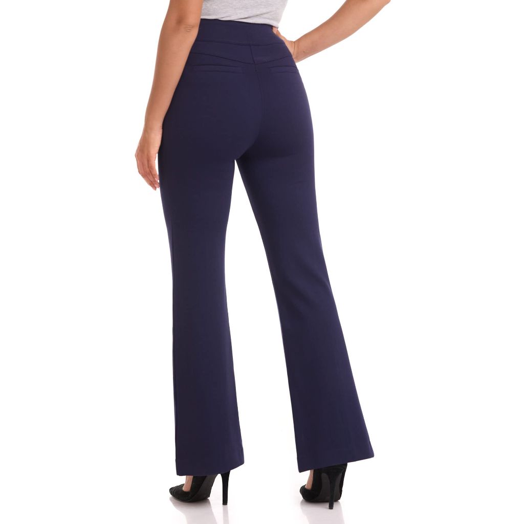 Rekucci Women's Secret Figure High Waist Knit Pull-On Flared Pant (8 Short, Navy)