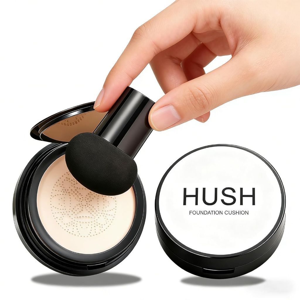 Hush Foundation for Mature Skin - Warm Natural Shade, Lightweight Full Coverage CC/BB Cream with Mushroom Head Applicator
