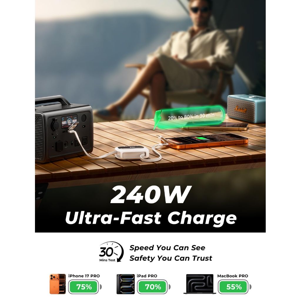 MAGIC JOHN 240W Multi USB C Cable, 4-in-1 Super-Fast Charging Cable (4FT), 7-Stop Retractable, Champagne Gold