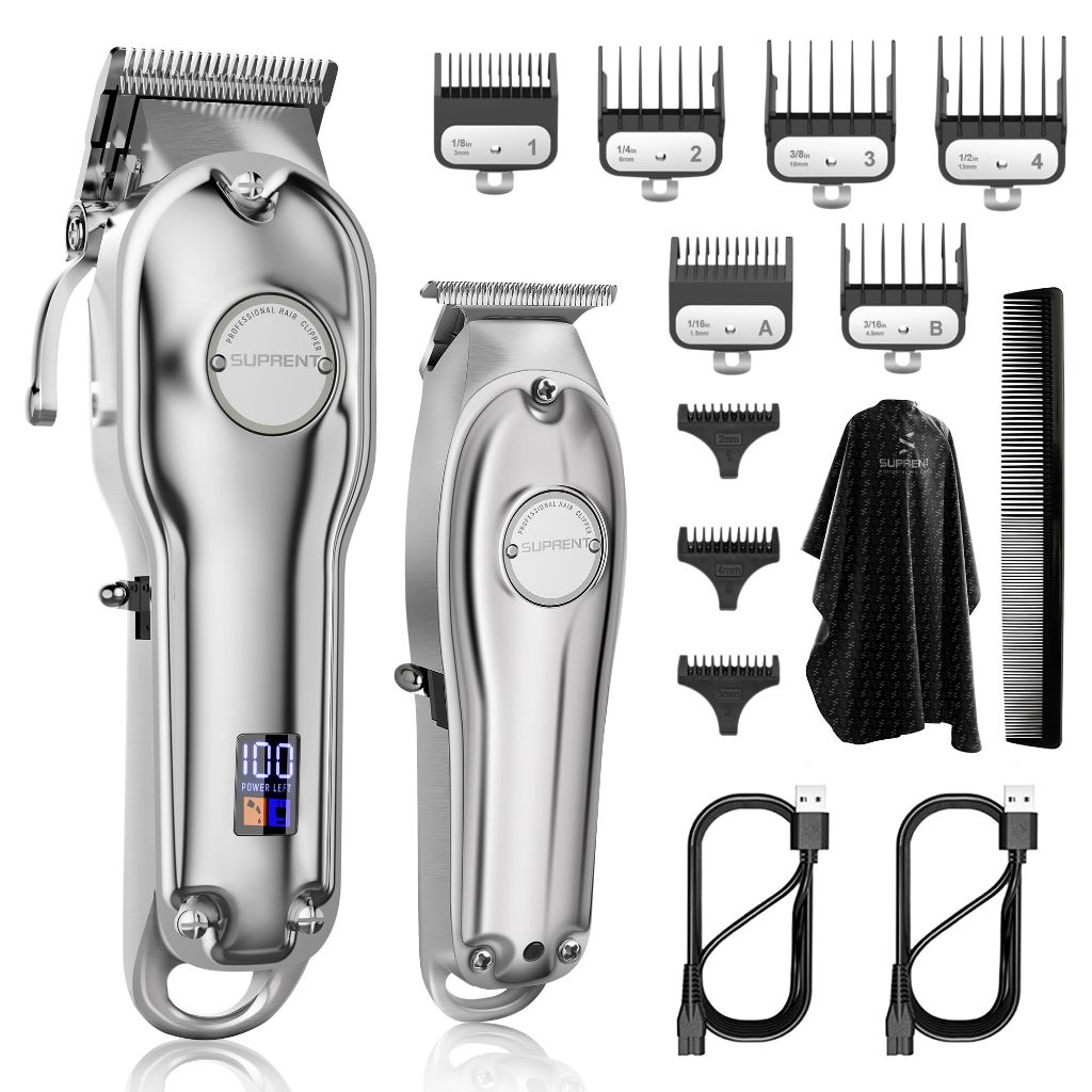 SUPRENT PRO The Silver Knight Professional Hair Clipper & Zero Gap T-Blade Trimmer Combo - Silver