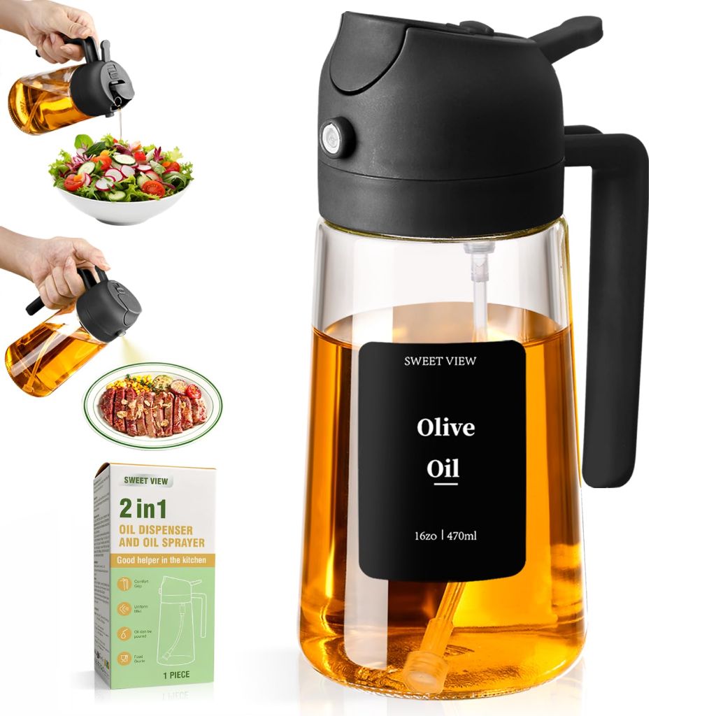 SWEET VIEW Olive Oil Sprayer for Cooking, 16oz/470ml Glass Oil Dispenser/ (Black)