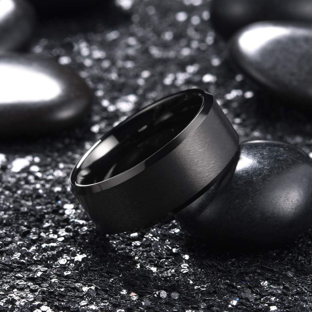 King Will Tungsten Men's Wedding Ring - Available in 6mm to 10mm, Black/Silver, Matte Finish, Beveled Polished Edge, Comfort Fit Size 10