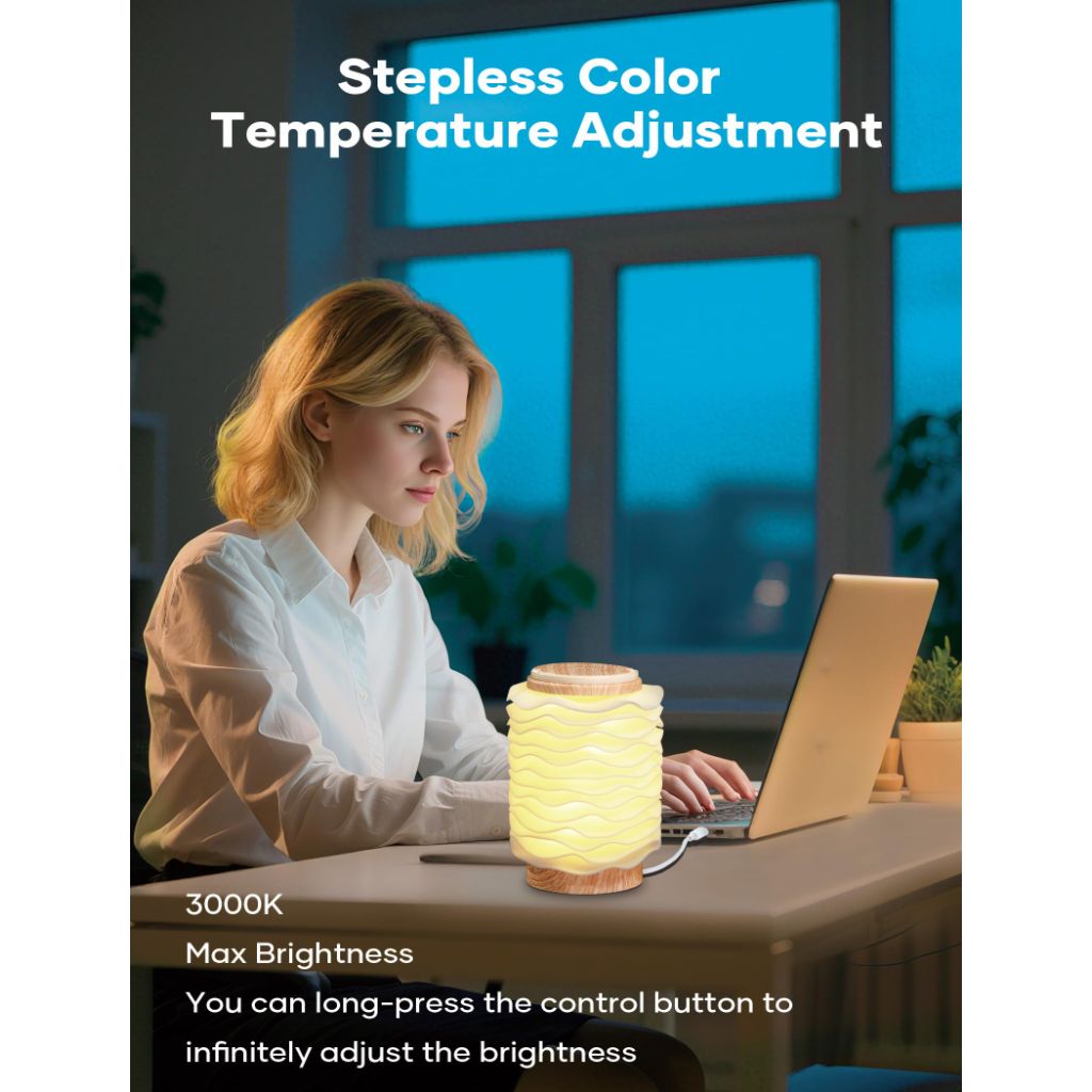Touch Night Light, Portable Table Lamp with 3 Color Modes & Stepless Dimming, Bamboo