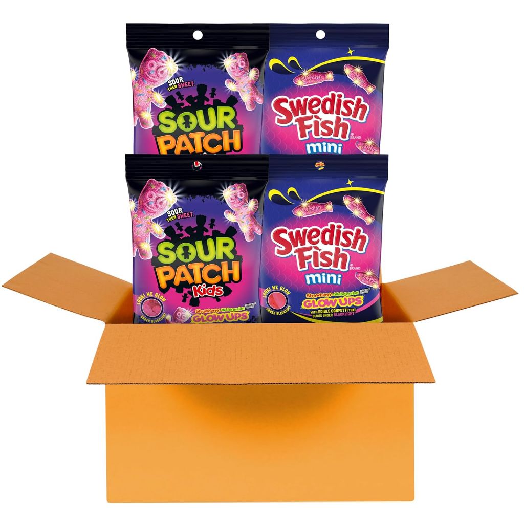 SOUR PATCH KIDS and SWEDISH FISH Mini Glow Ups Strawberry-Watermelon Soft & Chewy Candy Variety Pack, Bulk Candy, 4-6.7 oz Bags