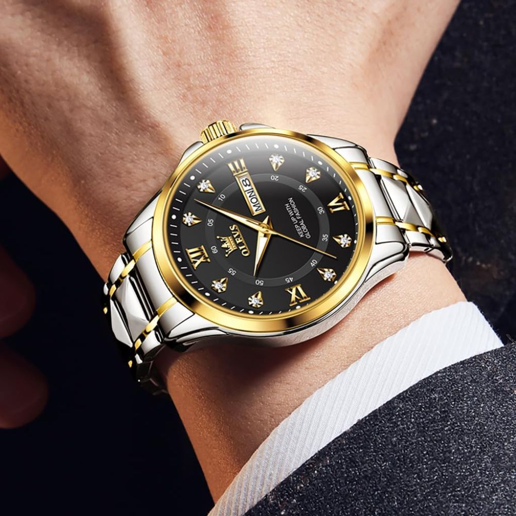 OLEVS Men's Luxury Stainless Steel Dress Watch - Silver/Gold Two-Tone, Black Dial