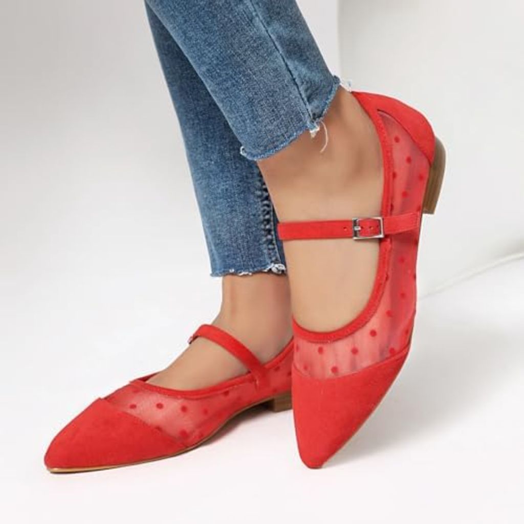Mesh Ballet Flats for Women Point Toe Splicing Dot Tulle Ballerina Shoes with Adjustable Ankle Strap Comfortable Casual 6M