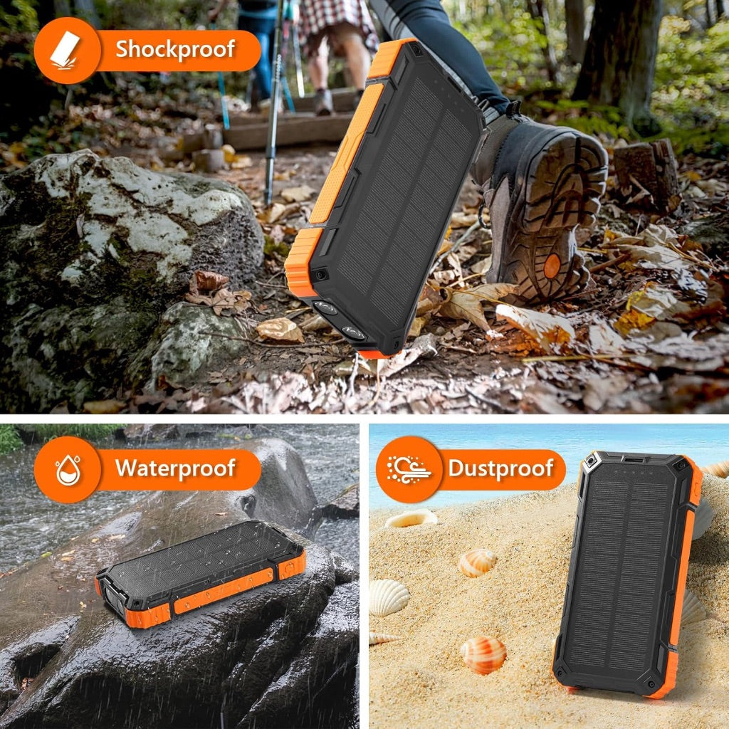 Solar Charger Power Bank,36000mAh Portable Wireless Charger with USB-C in/Output,15W Fast Charging External Battery Pack Built in 4 Cables,Three Inputs Phone Portable Charger (Black-Orange, 36000mAh)