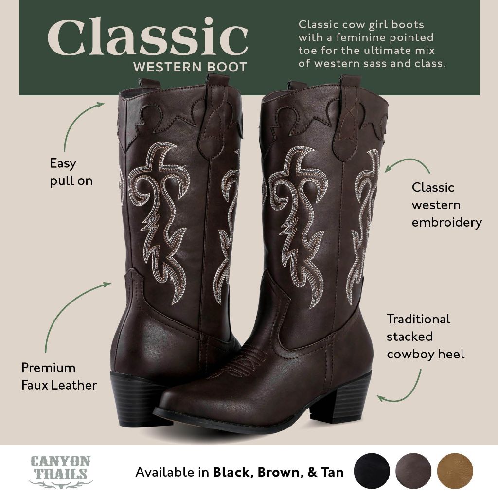 Canyon Trails Women's Rodeo Boots - Mid-Calf, Faux Leather, Memory Foam Insole, Brown, 7