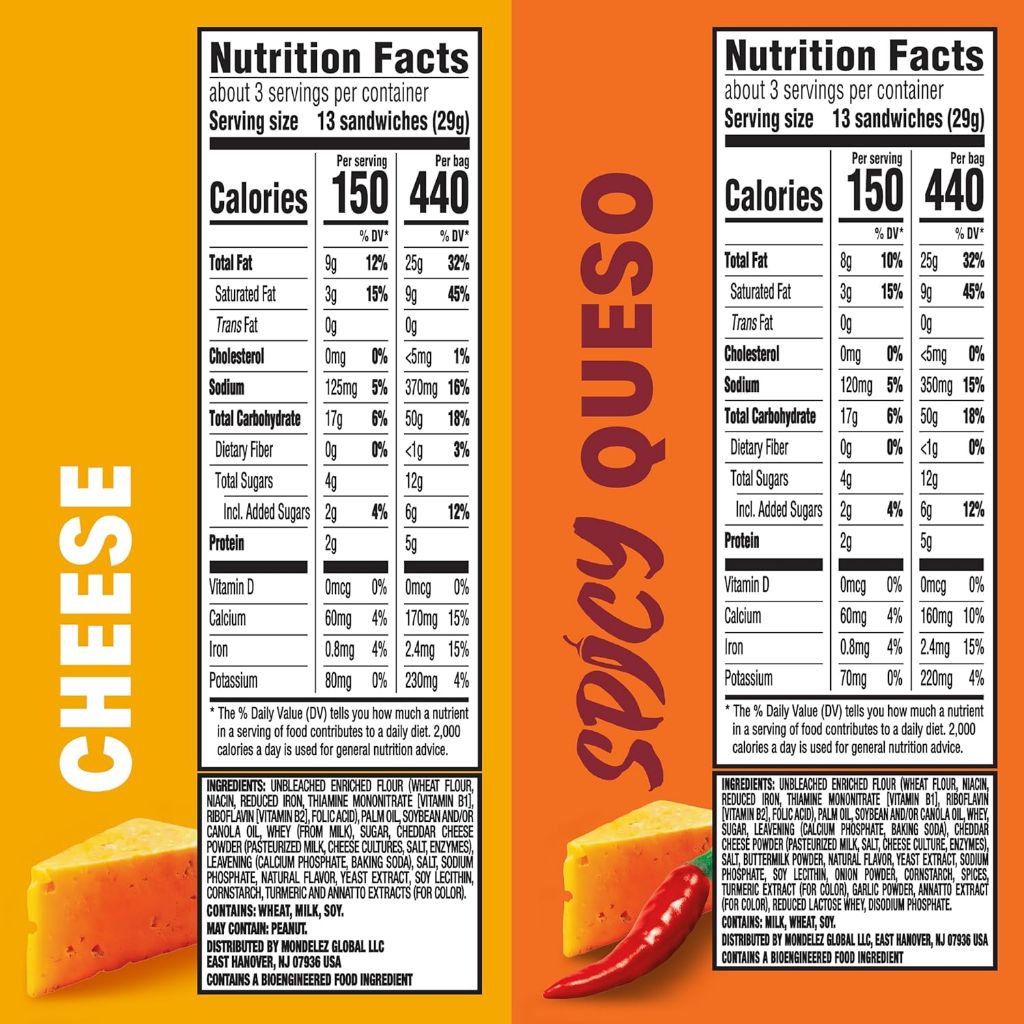 RITZ Bits Cheese and Spicy Queso Cheese Sandwich Crackers Variety Pack, Snacks for Kids and Adults, Lunch Snacks, 12-3 oz Bags